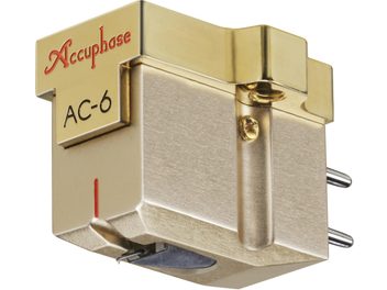 Клетка за аудиофилска винил грамофонна пластина Accuphase AC-6, изглед под ъгъл, златисто покритие, 2 видими метални контакта, златна винтова нарезка
