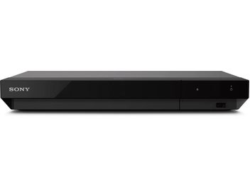 Передня панель чорного Blu-ray програвача Sony UBP-X700K 4K з глянцевою поверхнею, логотипом зліва, кнопками та USB-портом справа