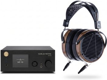 Audeze LCD-4 audiofil-hovedtelefoner med træeffekt-kopper med Gold Note HP-10 sort hovedtelefonforstærker
