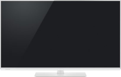 Panasonic TX-L42E6EW hvidt TV set forfra, slukket skærm, skinnende hvid ramme, gennemsigtig midterfod