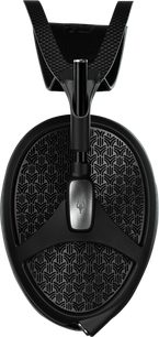 Åbent hi-fi hovedsæt Meze Audio Empyrean II, set forfra, sorte karbonfiberskaller med mønstre, sort metalbøjle