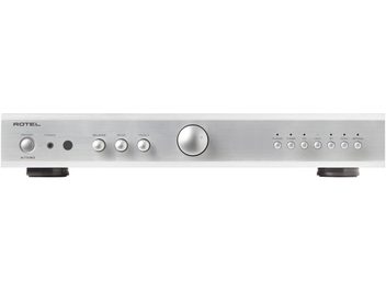 Integreret stereo hi-fi forstærker A11 MKII, set forfra, sølvfinish, cirkulære knapper, hovedtelefonstik, indgangsvælgere