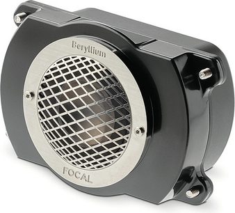 Beryllium højttaler fra Focal, sort kabinet, cirkulær metalrist, to sidemonteringer, set forfra
