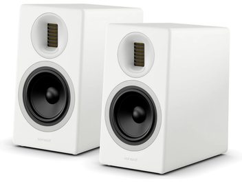 Hvidt sæt Sonoro Orchestra Slim Gen 2 reolhøjttalere, rektangulært kabinet med frontplaceret sort højttaler