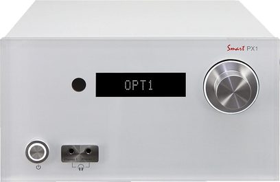 Przedwzmacniacz stereo Advance Paris PX1 w kolorze białym, biała obudowa z wyświetlaczem OLED, obrotowym pokrętłem oraz wejściami słuchawkowymi i gramofonowymi