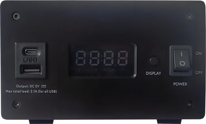 Priză multiplă Taga Harmony LPS-100 neagră cu USB-C, USB-A, afișaj digital și întrerupător ON/OFF pe față