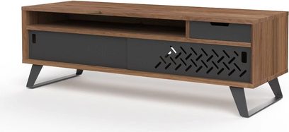 Træ-TV-møbel med 2 grå skydedøre med geometriske mønstre, 1 åben niche og sorte metalben