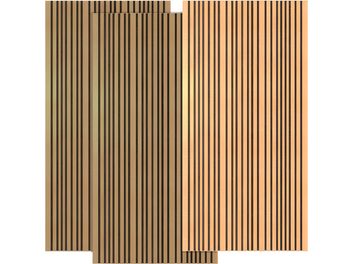 Tre assorbitori Artnovion Siena Doble V W - Absorber 2.0 in legno chiaro, doghe in legno e scanalature nere, vista frontale