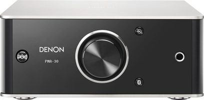 Denon PMA-30 sort hi-fi stereoforstærker, frontvisning, central drejeknap, jackstik og knapper på frontpanelet