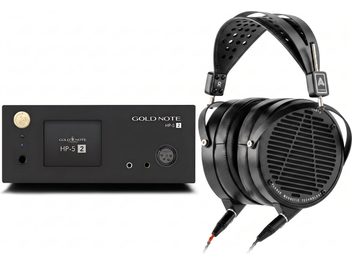 Sort Audeze-hovedtelefoner med åbne ørekopper med sort Gold Note HP-5 2-hovedtelefonforstærker, set forfra