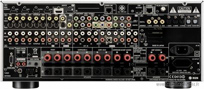 Denon AVR-4308 hjemmebiograf-forstærker, frontpanel, forfra, mange knapper, stik og displays
