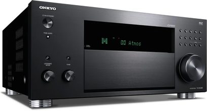 Onkyo TX-RZ3400 sort hjemmebiografsforstærker, set forfra, sort front med LED-skærm, sølvfarvede knapper og drejeknapper