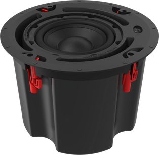 Vestavěný subwoofer PIC-800-T BW, perspektivní pohled, černý válcový design, červené úchyty, centrální reproduktor