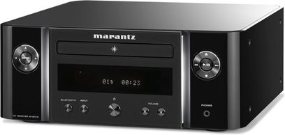 Système haute-fidélité Marantz M-CR412 noir, vue de face, affichage numérique, boutons et molettes de contrôle, ports en façade