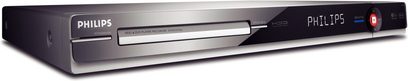 Philips DVD-R3570H Blu-ray-optager, frontvisning, sølvfarvet front med blåt display, knapper og diskdrev