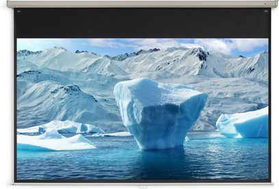 Schermo di proiezione manuale Projeo EasyPull HD 77 bianco srotolato con bordo nero e immagine panoramica di un ghiacciaio