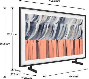 Samsung The Frame TQ43LS03HE sort tv på fødder, set i trekvart vinkel med tynd ramme og kunstnerisk motiv på skærmen