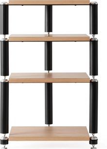 Hi-Fi mēbele Norstone Design Copenhagen, priekšējais skats, 4 horizontālas plaukti, gaiša koka apdare, melni cilindriski statņi, regulējamas kājas