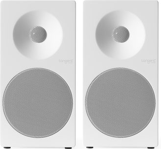 Pereche de difuzoare de raft Tangent Spectrum II X5, alb mat, vedere din față, grătare metalice perforate circulare