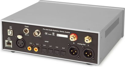 Pro-Ject Dac Box RS sølvfarvet audio DAC-konverter, frontpanel, frontvisning, stik og kontroller, metalhus