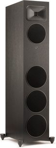 MartinLogan Foundation F2 gulvhøjttaler i mat sort, set forfra, 4 cirkulære højttalerenheder placeret lodret på den matte sorte front