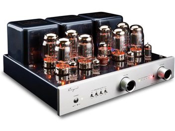 Cayin CS-100A KT88 gümüş renkli tüp stereo entegre amplifikatör, üç çeyrek ön görünüm, gümüş renkli fırçalanmış alüminyum ön panel, iki büyük silindirik düğme ve merkez seçiciler, siyah metal şasi üzerinde üç siyah transformatör ve on iki adet camdan ışık saçan lambalar