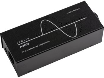 Svart Isol-8 Axis 10 nätfilter, rektangulärt hölje med silverfärgat sinusvågsmönster, sett snett framifrån
