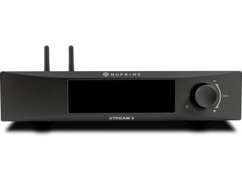 Nuprime Stream 9 zwarte netwerk-audiospeler, vooraanzicht, draaiknop rechts, 2 verticale WiFi-antennes bovenop