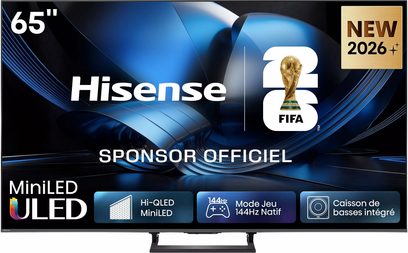 Hisense 65U7SE 2026 TV 65 tommer, sort Mini LED ULED-skærm på fod, set forfra