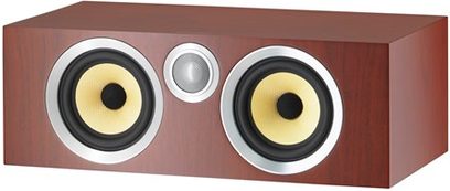Bowers & Wilkins CM Centre S2 rosewood center speaker, Rosenut finish, front view, 2 black woofers, 1 gray tweeter