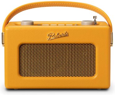 Radio da tavolo Roberts Revival Uno BT gialla in similpelle granata, griglia dell'altoparlante metallica dorata traforata, due pulsanti cilindrici beige e antenna ripiegata sulla parte superiore, maniglia arcuata coordinata, vista frontale