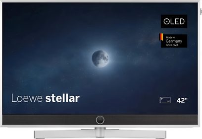 Telewizor Loewe Stellar 42 DR+ srebrny, płaski ekran z przednim soundbarem i centralną podstawą, widok z przodu