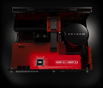 Anthem MRX 1140 8K sort hjemmebiografsforstærker, frontvisning, display "HDMI 2.1 • HDCP 2.3", 8K-processor, røde HDMI-porte