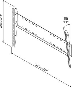 Vægmonteret, vippelig TV-holder 0-8°, af metal, med huller, 813 mm lang og 480 mm høj, set fra siden