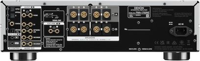 Denon PMA-1700NE sølv hi-fi stereoanlegg, frontvisning, sølvfarget frontpanel med knapper, kontakter og digitalt display