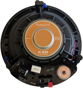 Russound IC-820 8 ohm indbygningshøjttaler til loft, orange højttaler, sølvfarvet diskant, skruer og tilslutningsterminaler