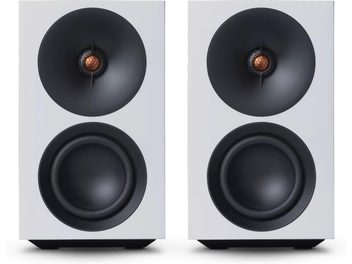 Vitt par av Cambridge Audio-högtalare L/R S, rektangulär front med dubbla svarta högtalarelement och centralt kopparfärgat diskantelement