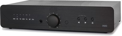 Forside af en sort Atoll IN80 Signature stereo hi-fi-forstærker, børstet aluminiumsfacade, knapper, potentiometer