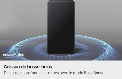 Mattsvart, rektangulär subwoofer Samsung HW-B460F, robust låda med front i akustiskt tyg, vy framifrån