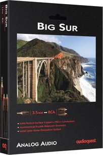 Cavo audio analogico AudioQuest Big Sur jack 3,5 mm verso RCA, confezione nera con foto di scogliera e ponte costiero