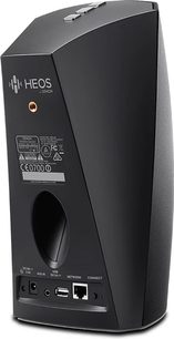 Trådløs tilsluttet Denon HEOS 3 HS2 højttaler i sort, set forfra og lidt fra siden, med afrundet trapezformet design