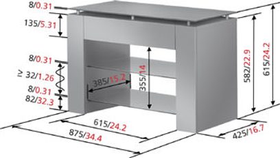 Teknisk tegning med dimensioner af et Vogel's Q7087 TV-møbel i grå, set forfra og fra siden, med en glashylde