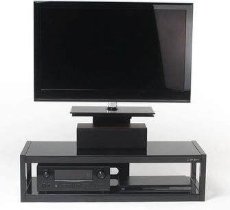 Norstone Design Dyvad sort TV-møbel, 2 niveauer, glashylde, lukket rum, fladskærmsbeslag, sorte materialer