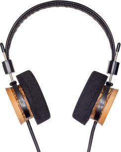 Atviras hi-fi ausinės Grado RS2x, vaizdas iš priekio, juodas lankelis, juodos apvalios pagalvėlės, mediniai korpusai, juodi kabeliai
