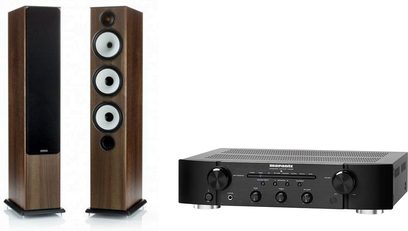 Marantz PM6005 sort forstærker og Monitor Audio Bronze BX6 gulvhøjtalere i valnøddetræ, set forfra