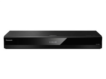 Blu-ray 4K плейър Panasonic DP-UB820AFK черен, лъскав преден панел с централен дисплей, изглед отпред