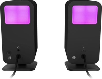 PC-højttalere 2.1 Klipsch Promedia Lumina 2.1 sorte med lyserød LED-front, to satellit-højttalere på fod, set forfra