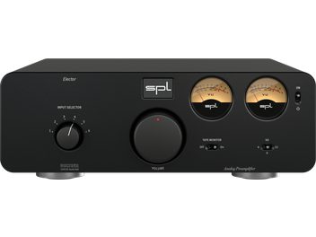 SPL Elector stereo forforstærker med sort kabinet, nummereret indgangsvælger, centralt volumenkontrol og 2 runde VU-metre