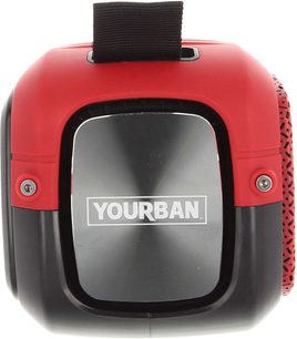 Bluetooth-højttaler Yourban Getone 60 rød, set forfra, sort central overflade, rød ramme, sølvskruer, sort rem