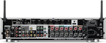 Marantz NR1605 sort hjemmebiografsforstærker, bagside, top view, mange lyd/video-stik, Wi-Fi-antenner